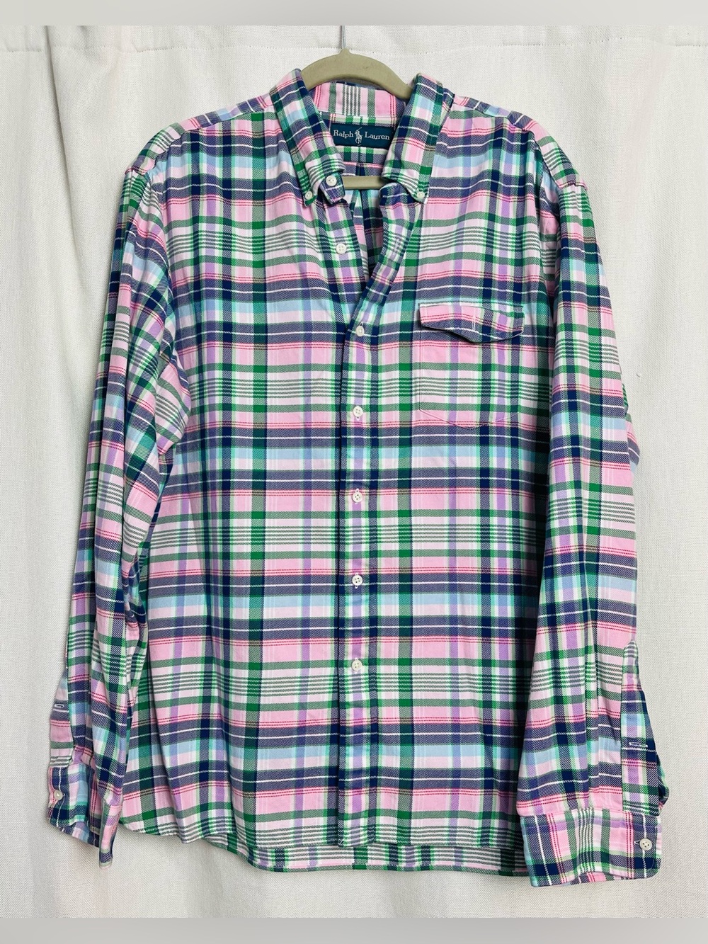 Ralph Lauren Button Down Shirt 2XL XXL Pink Green Blue Plaid Cotton Long Sleeve